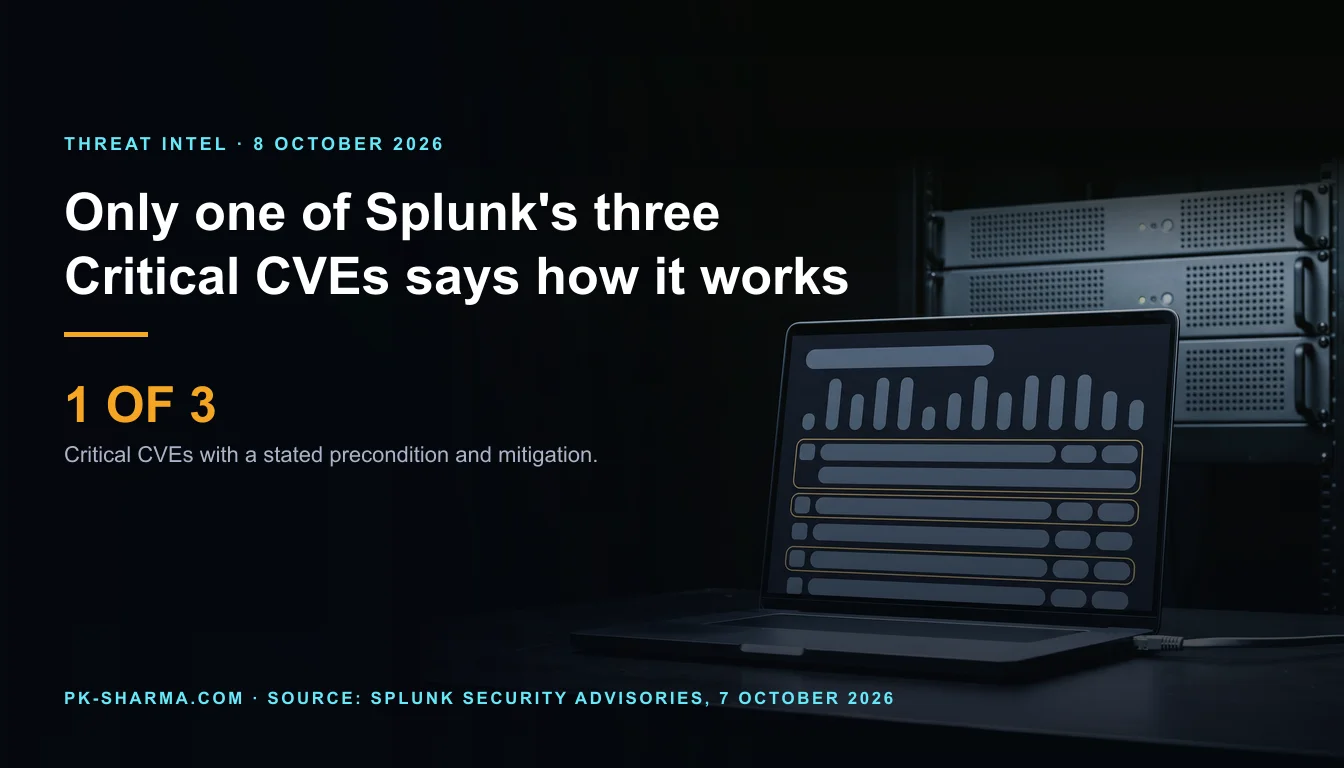 A dim security operations desk with a graphite laptop open in front of a black server rack holding three plain servers. The laptop screen shows a log search view of blank rounded rows, three of five outlined in amber and the first opened out. Text on the left reads: Only one of Splunk's three Critical CVEs says how it works. 1 of 3, Critical CVEs with a stated precondition and mitigation.