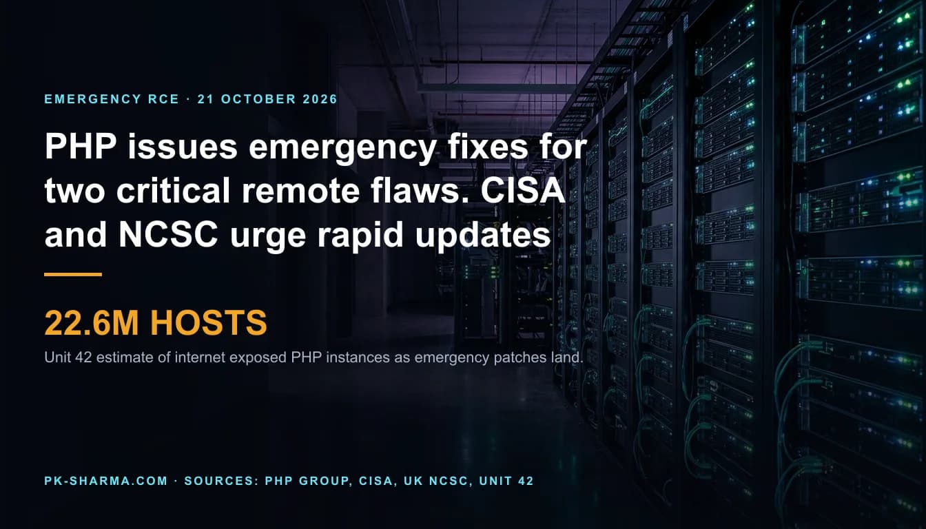 A cinematic data center at night with rows of metallic server racks and illuminated green and cyan fiber optic status indicators on the right. The left half is darkened with overlay headline text describing the emergency PHP remote code execution fixes and a stat highlighting 22.6 million exposed hosts.