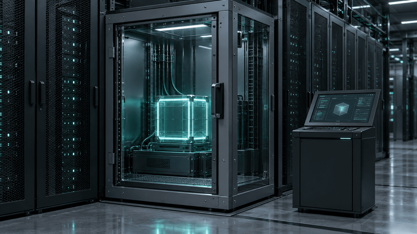 Illustrative isolated computing chamber with separate control console, representing an AI agent sandbox.