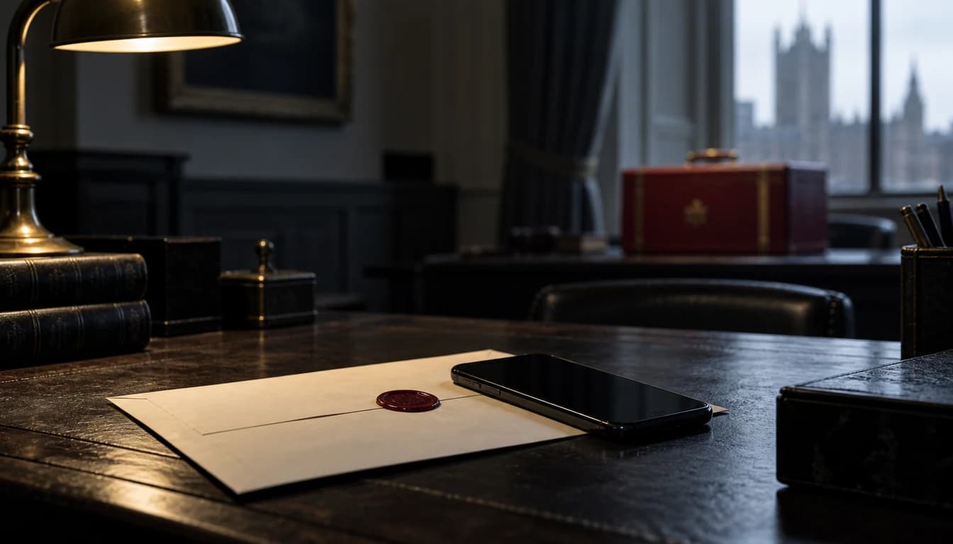 AI-generated editorial still life of a sealed legal document and a black smartphone on a dark British institutional desk.