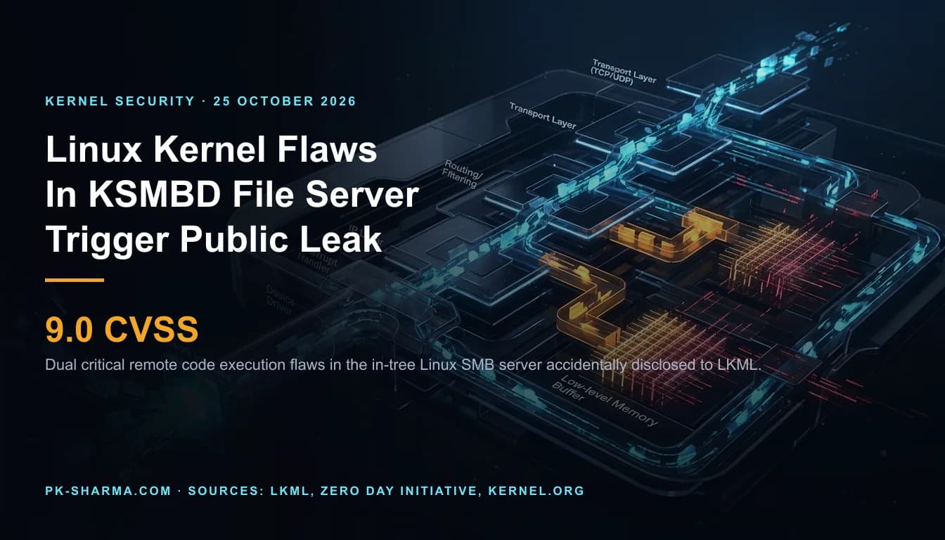 Editorial illustration for the briefing: Linux kernel maintainers scramble after KSMBD remote execution flaws leak to LKML