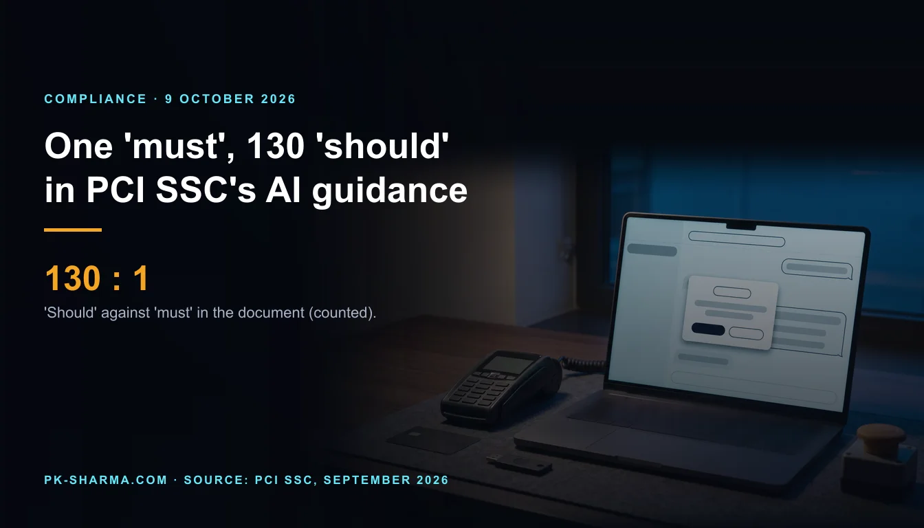 A back-office desk at dusk with a handheld card terminal beside an open laptop whose screen shows a chat window and a small approval card with two blank buttons, a blank card, a plain security key and an emergency stop button. No people. Overlaid text reads One 'must', 130 'should' in PCI SSC's AI guidance, 130 : 1.