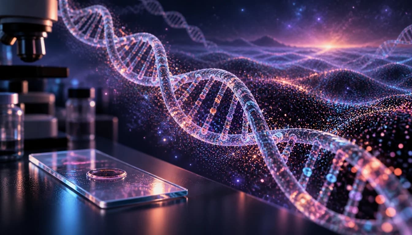 AI-generated science editorial artwork of a DNA double helix crossing a luminous landscape of variant points.