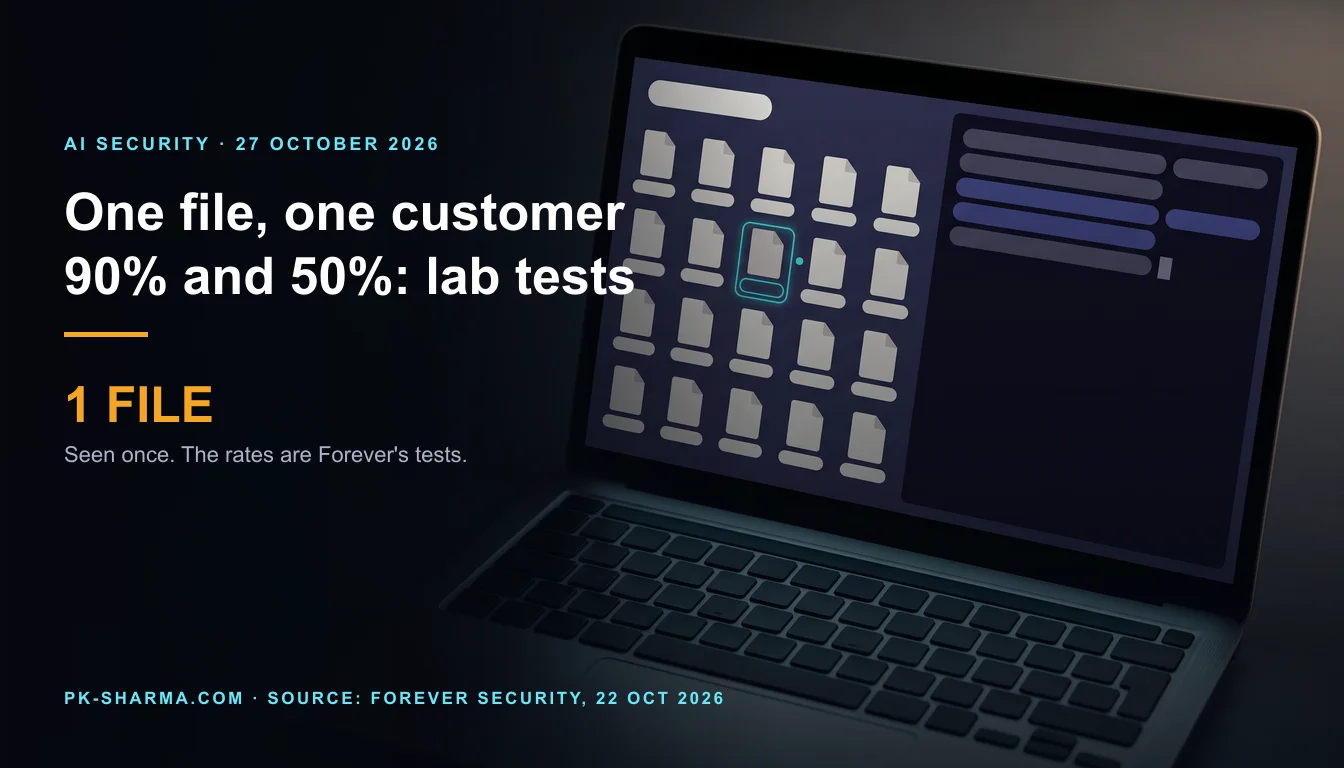 Editorial illustration for the briefing: Forever Security says one planted AGENTS.md was caught on one customer machine; 90% and 50% rates are its lab tests