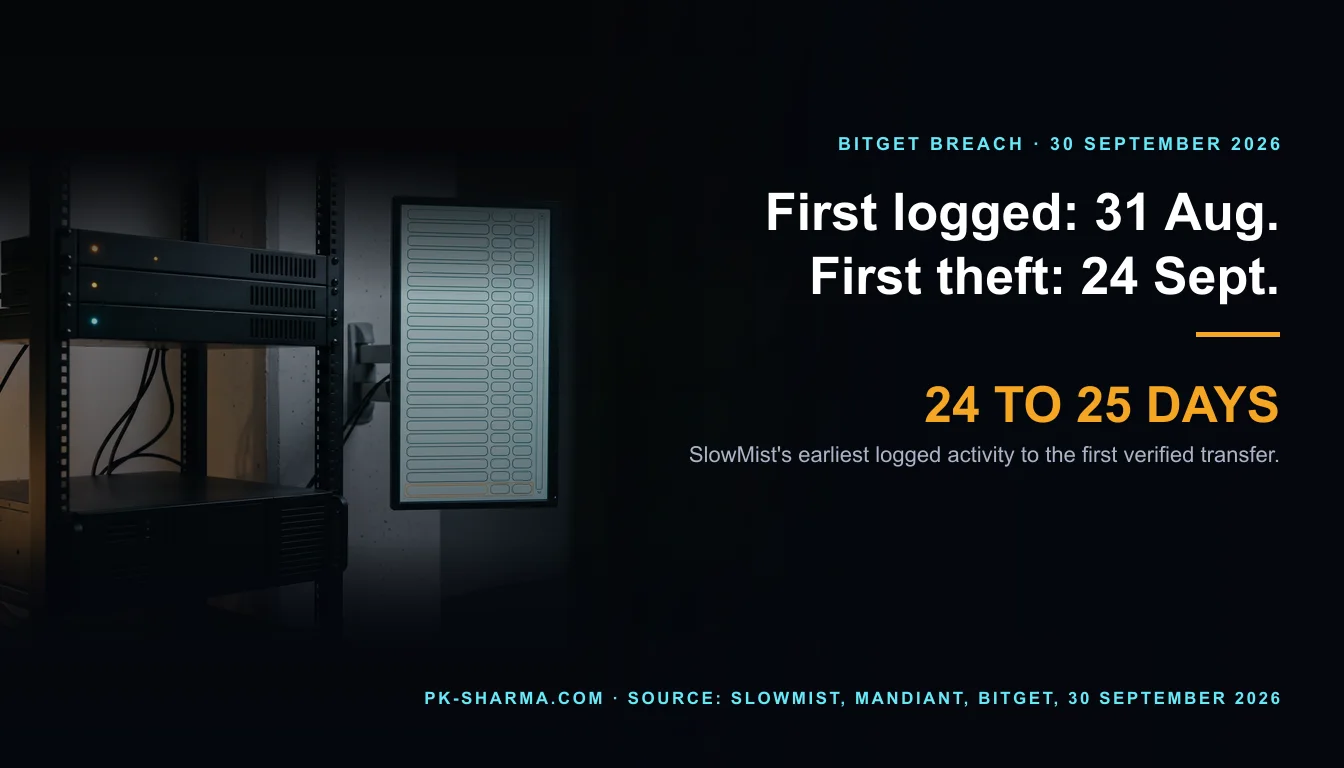 Editorial illustration for the briefing: SlowMist logs Bitget attacker activity from 31 August, Mandiant dates access to 24 September, neither names a product