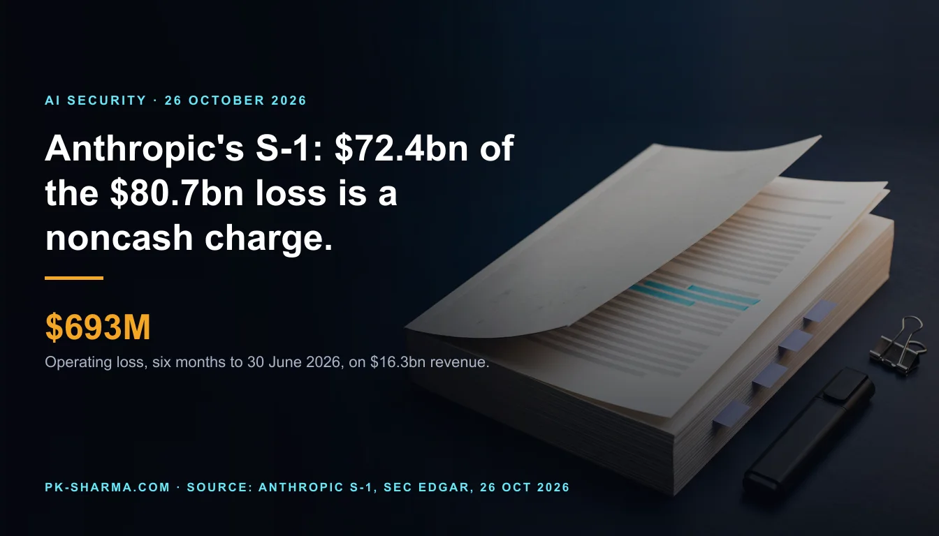 Editorial illustration for the briefing: Anthropic's S-1 says $72.4bn of its $80.7bn six month loss is noncash; operating loss was $693m