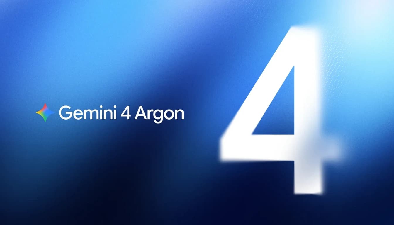 Google's launch key art for Gemini 4 Argon: the product name beside a four-pointed star logo on the left, and a large white numeral 4 on the right, over a blue gradient.