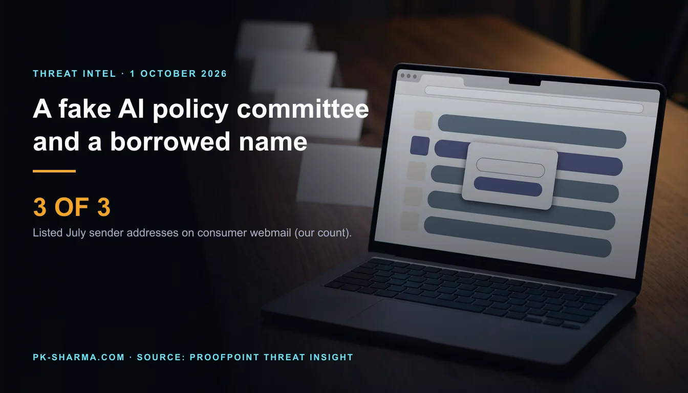 Editorial illustration for the briefing: Fake AI committee, borrowed names: all three sender addresses Proofpoint lists are consumer webmail