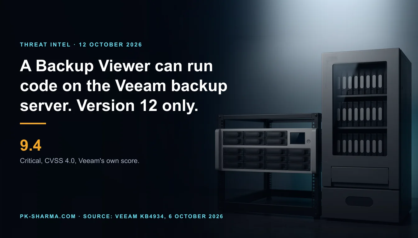 A dark server room corner in cool blue light. A pale grey rack-mounted backup appliance with rows of blank black drive bays and a dark blank status display stands in an open black rack beside a tall graphite tape library whose smoked window shows shelves of plain black cartridges with empty pale label windows. The left half is empty dark blue, with the headline and a stat drawn over it: 9.4.