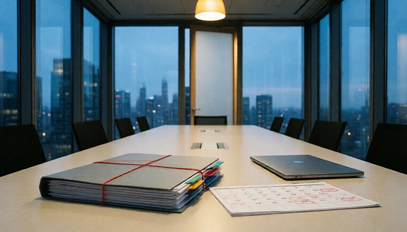 An empty boardroom at dusk with a thick incident dossier bound with a red band, a marked calendar and a closed laptop on the table.
