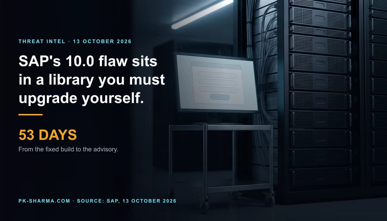 A dark corporate server room in cool blue light. On the right stands a tall black rack of enterprise servers whose faceplates carry blank pill-shaped recesses, with grey cables down its side. In front of it a stainless steel service cart carries a flat monitor showing an empty form made only of blank rounded fields and an empty button. The left half is dark and carries the headline, SAP's 10.0 flaw sits in a library you must upgrade yourself, and the stat 53 days.