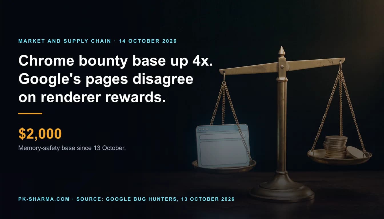 A dark frame with a traditional brass balance scale on a dark wooden counter, the whole scale on the right half. On the left pan hangs a small glowing pale blue plaque shaped like a blank browser window, with three empty dots, an empty address pill and an empty panel. On the right pan sits a short stack of plain blank coins. The left half carries the headline and the stat $2,000.