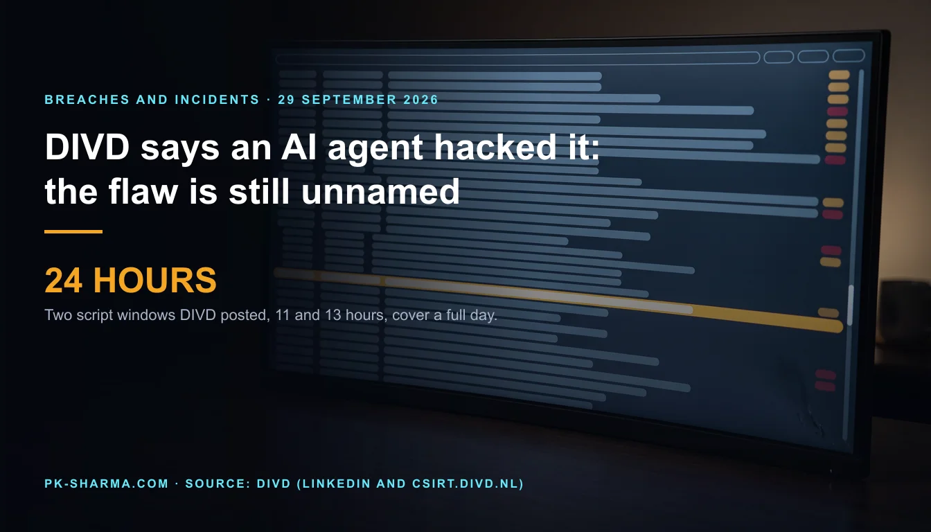 Editorial illustration for the briefing: DIVD says an AI agent hacked it. Its evidence is tempo and code comments, and the flaw is still unnamed