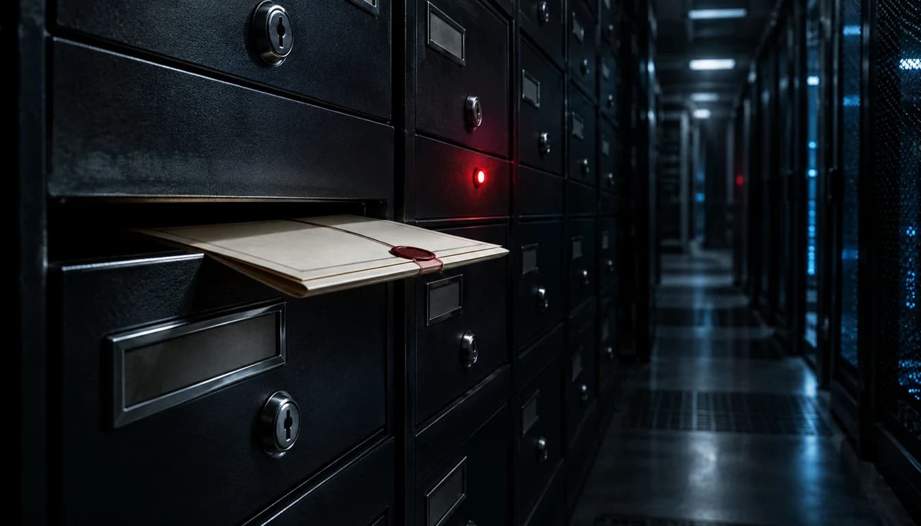 AI-generated security editorial scene of a protected document escaping from a locked repository archive drawer.