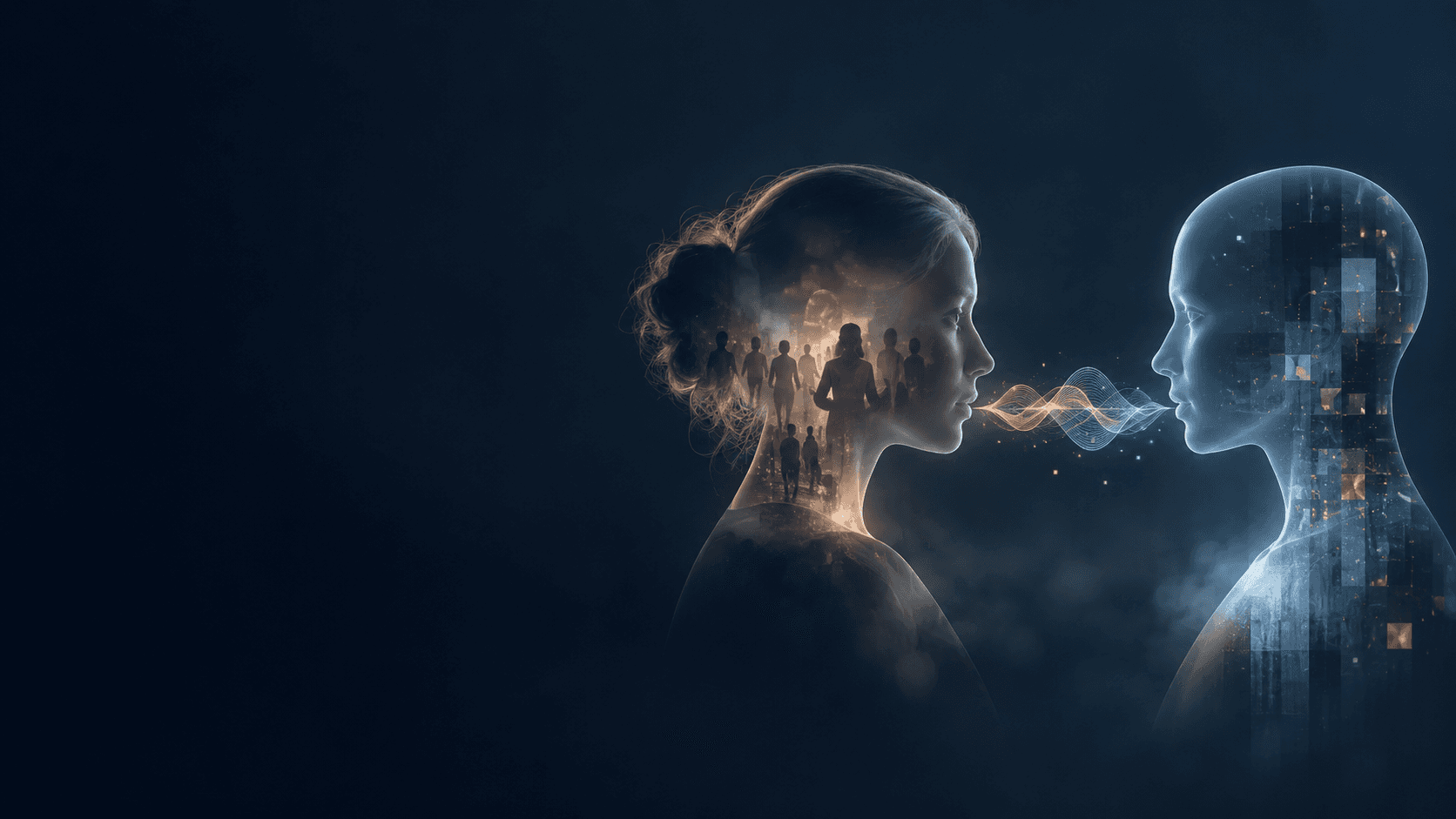 Editorial illustration contrasting a human profile and a synthetic profile.