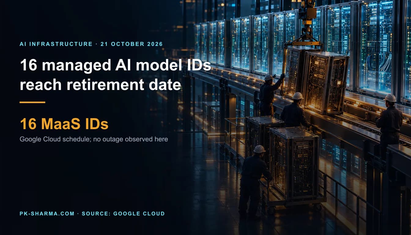 AI-assisted editorial illustration of server modules being moved inside a data centre. Text says 16 managed AI model IDs reach their retirement date and notes that no outage was observed here.
