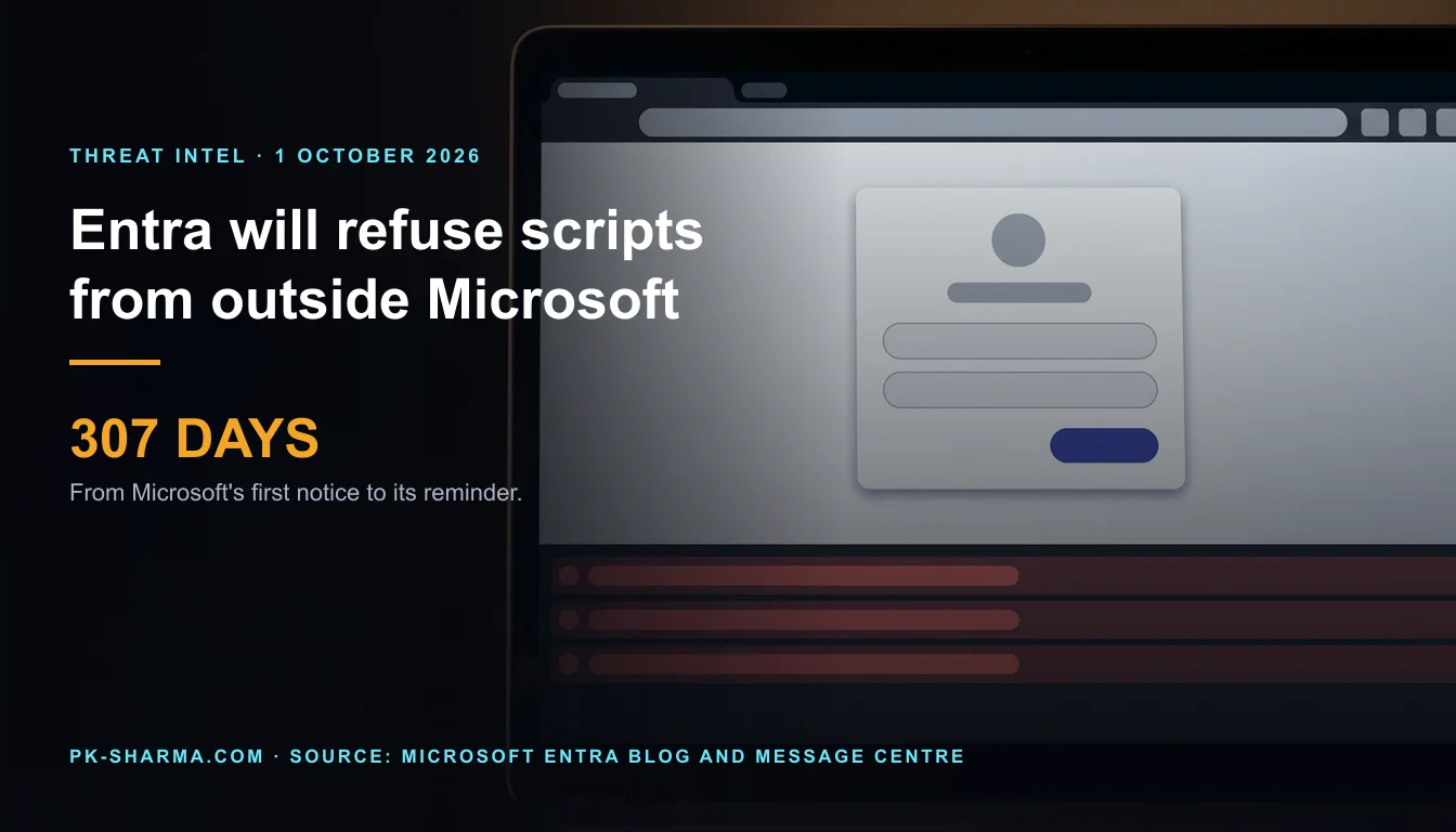 Editorial illustration for the briefing: Entra ID will refuse injected scripts from mid-October, and Microsoft names one impact test: a browser console