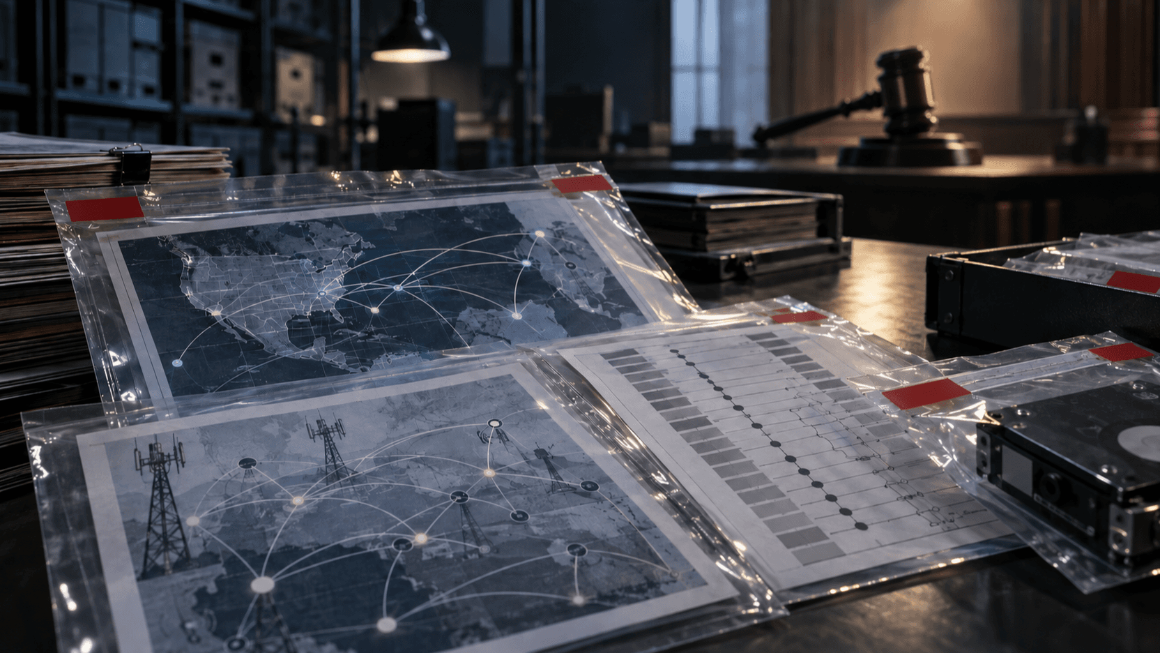 Editorial illustration of telecom network evidence, call graphs and storage media arranged on a prosecutor's case table.