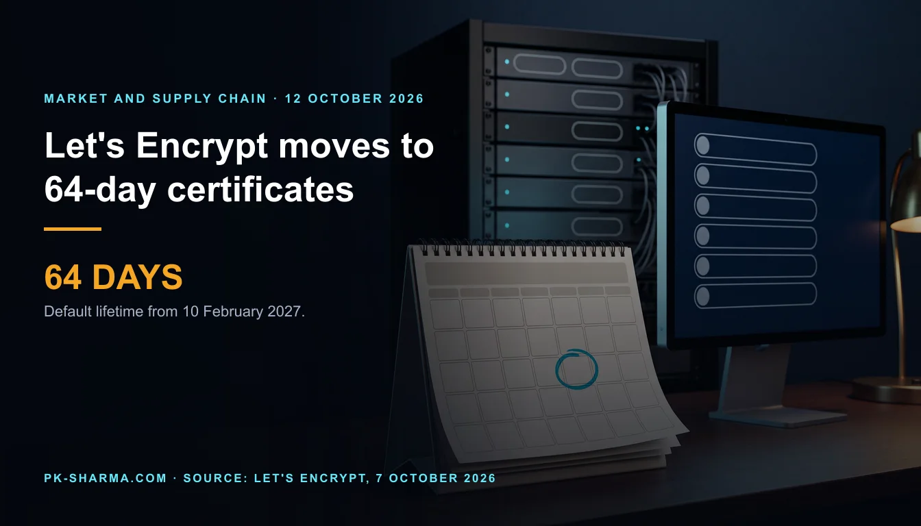 A dark operations desk at night. A spiral-bound desk calendar with an empty grid and one blank square ringed in cyan stands in front of a black server rack with blank label wells, beside a monitor showing six empty rounded bars and a brass desk lamp. The left of the frame is empty dark blue with the headline drawn over it: Let's Encrypt moves to 64-day certificates, and a stat, 64 days.