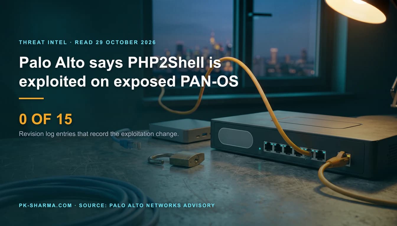 A branch office workbench at dusk in teal and amber light. A dark network firewall appliance with blank panels and a row of ports lies on a scuffed steel bench; a bright amber cable leaves its end port, arcs up and runs out through the window toward a blurred city skyline. An open brass padlock and a small grey computer sit beside it, blue cable coiled in front. The left side carries the headline and a stat: 0 of 15.