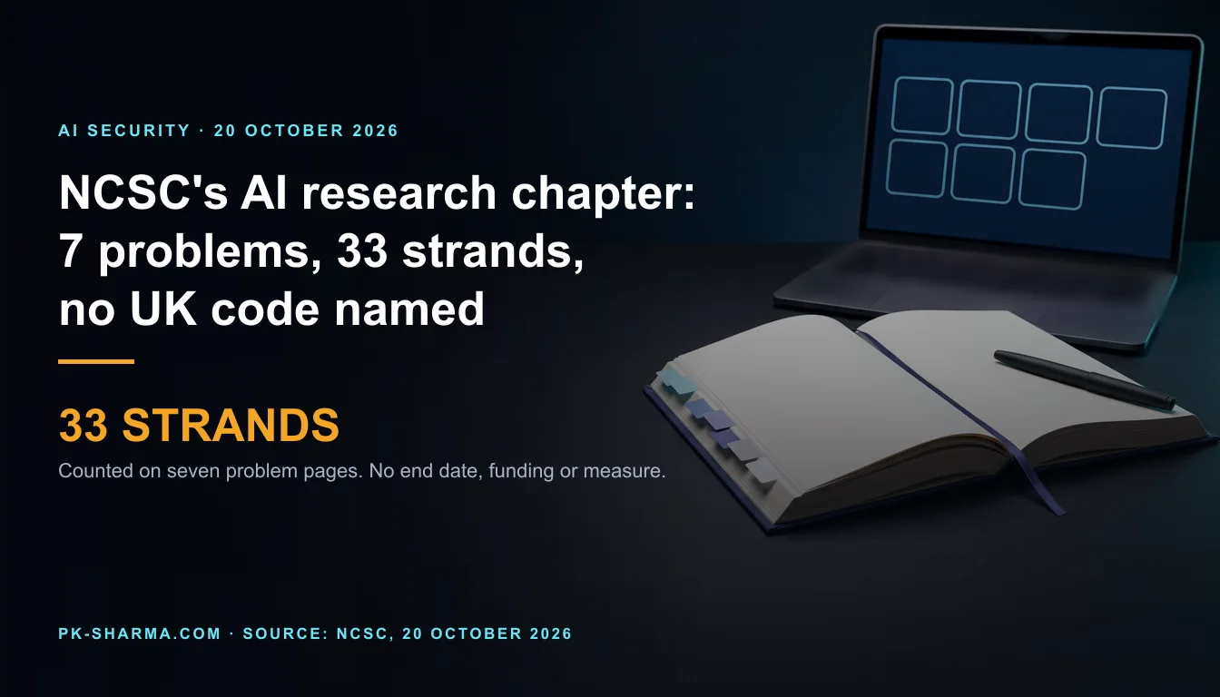 A dark desk. On the right, a thick hardback book lies open with blank pages and seven blank coloured index tabs along its left edge, a black pen resting on the page. Behind it an open laptop shows a screen with seven empty outlined boxes. The left half is empty dark navy, with the headline and a stat drawn over it: 33 strands.