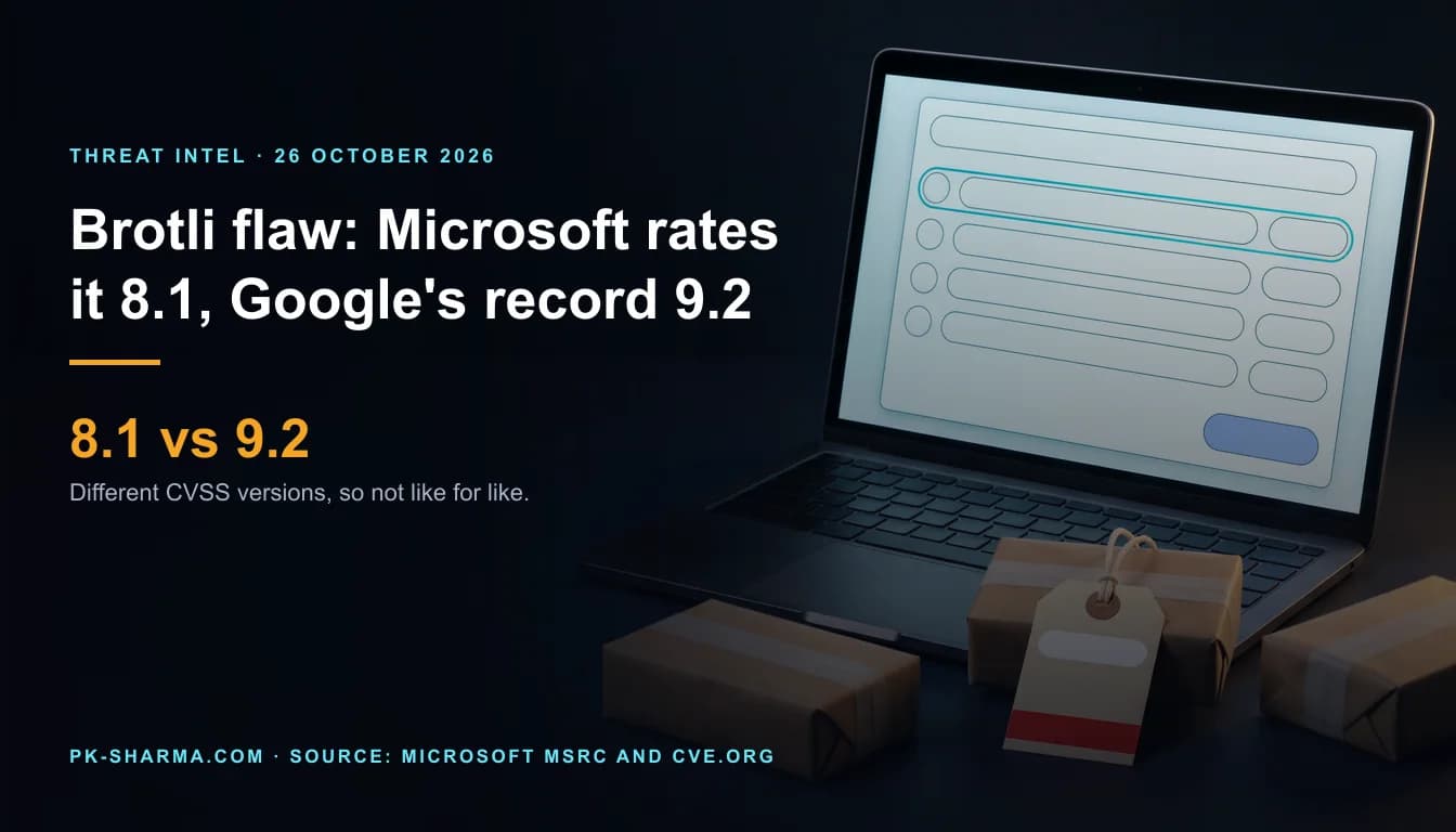 A dark desk in blue light. An unmarked dark grey laptop shows an update window made only of empty rounded shapes, one outlined in cyan, with a blue button shape. In front of it sit three plain brown taped parcels, one wearing a blank cream tag with a red strip. The left half is empty dark blue, with the headline and a stat drawn over it: Brotli flaw, Microsoft rates it 8.1, Google's record 9.2.