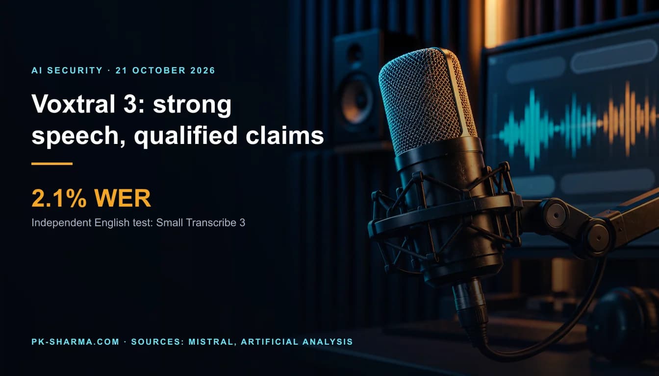 Editorial illustration of a studio microphone and audio waveform. Text reads Voxtral 3, independent test records 2.1% word error, live-agent limits still matter.