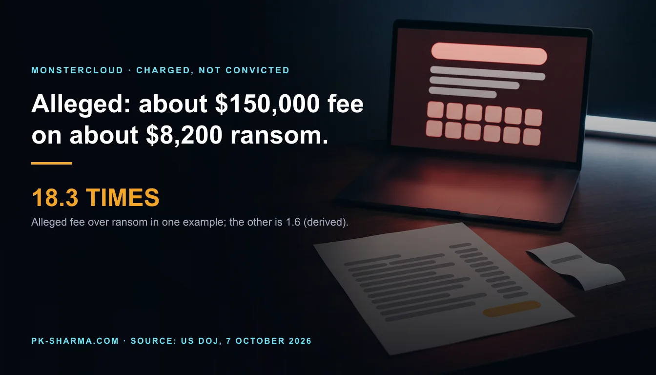A dark room with a graphite laptop at the back right whose screen, washed in coral-red light, shows a locked-out notice made of one empty pill, three grey bars and a grid of twelve blank tiles. On the walnut desk in front lie one very large pale invoice-sized sheet, ruled with empty grey bars and one amber pill, and one tiny curled receipt slip with a single bar: a big bill beside a small payment. Our own words at left read alleged about $150,000 fee on about $8,200 ransom, 18.3 times.