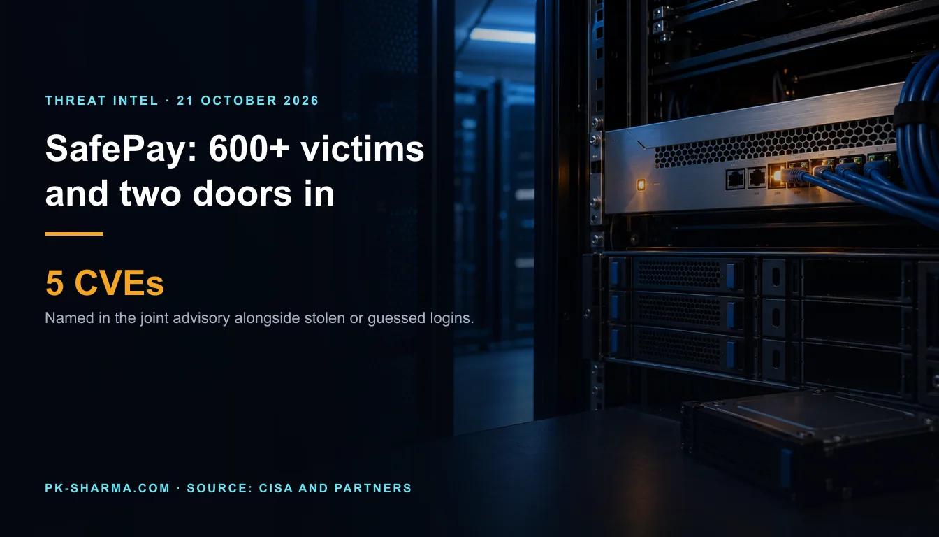 Editorial illustration of an unbranded enterprise firewall and backup storage rack at night. The headline says SafePay, 600 victims and the two entry routes.