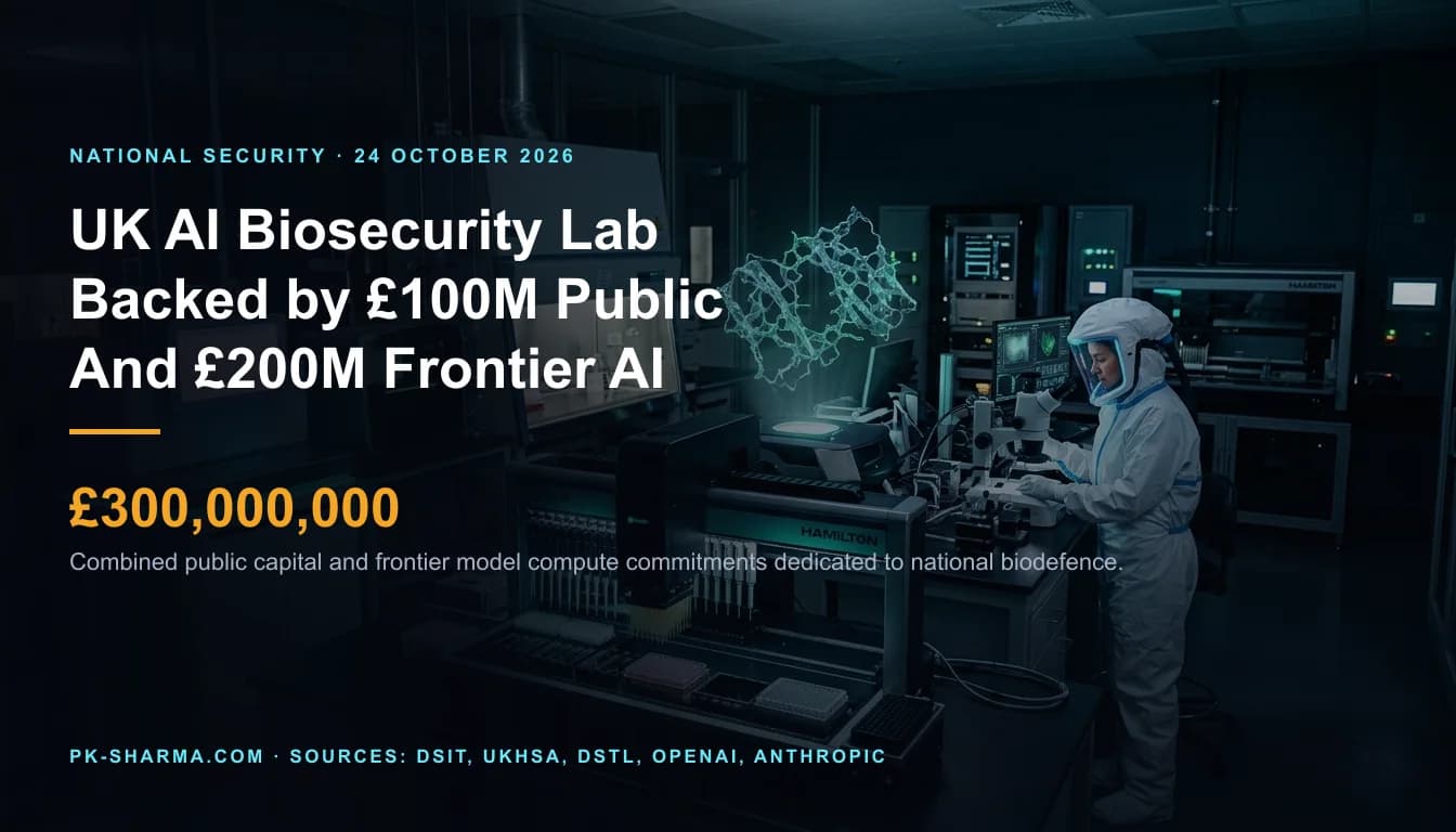 An advanced biosecurity cleanroom laboratory where holographic DNA helical sequences and neural network nodes intersect against high-containment biosafety equipment.