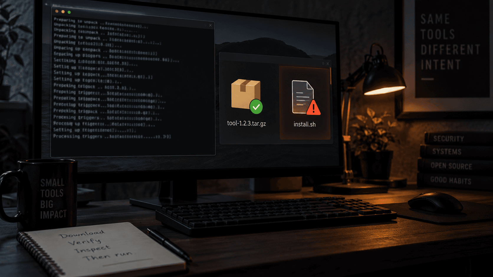 Illustrative desktop contrasting a verified source archive with a warned install script; all on-screen file names are fictional.