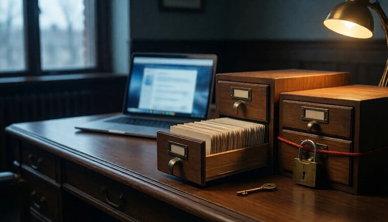 Wooden card-index drawers pulled open, one tied with red cord and padlocked, beside a laptop near a window.