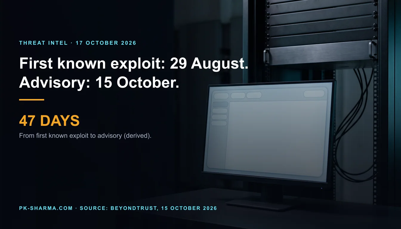 A dim server room in dark blue. A slim monitor on a dark desk shows a pale blank session window made of empty rounded slots, with no text or icons. Behind it, a dark equipment rack holds slim unmarked metal appliance panels and loose black cables. The left half is empty dark blue, with the headline and a stat drawn over it: 47 days from first known exploit to advisory.