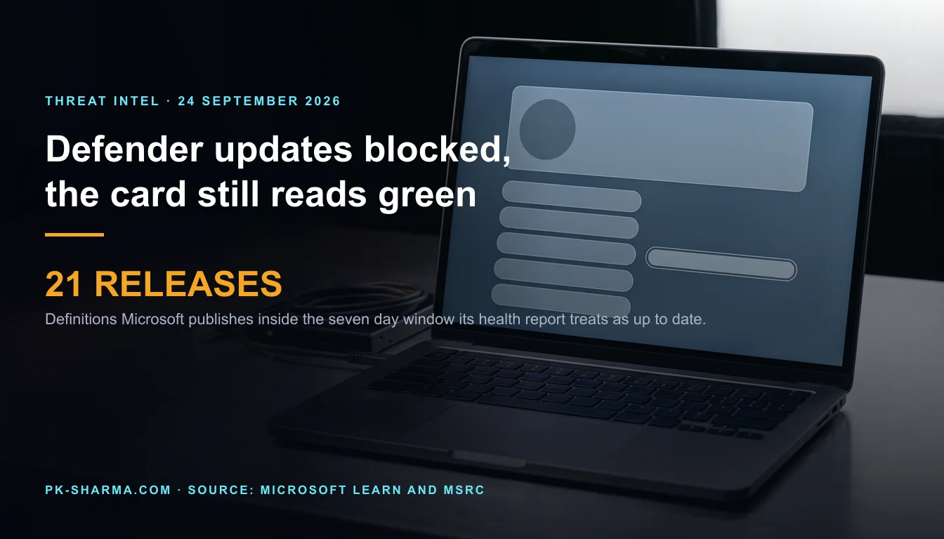 Editorial illustration for the briefing: A Defender update block with no CVE, and a health report that reads green for seven days