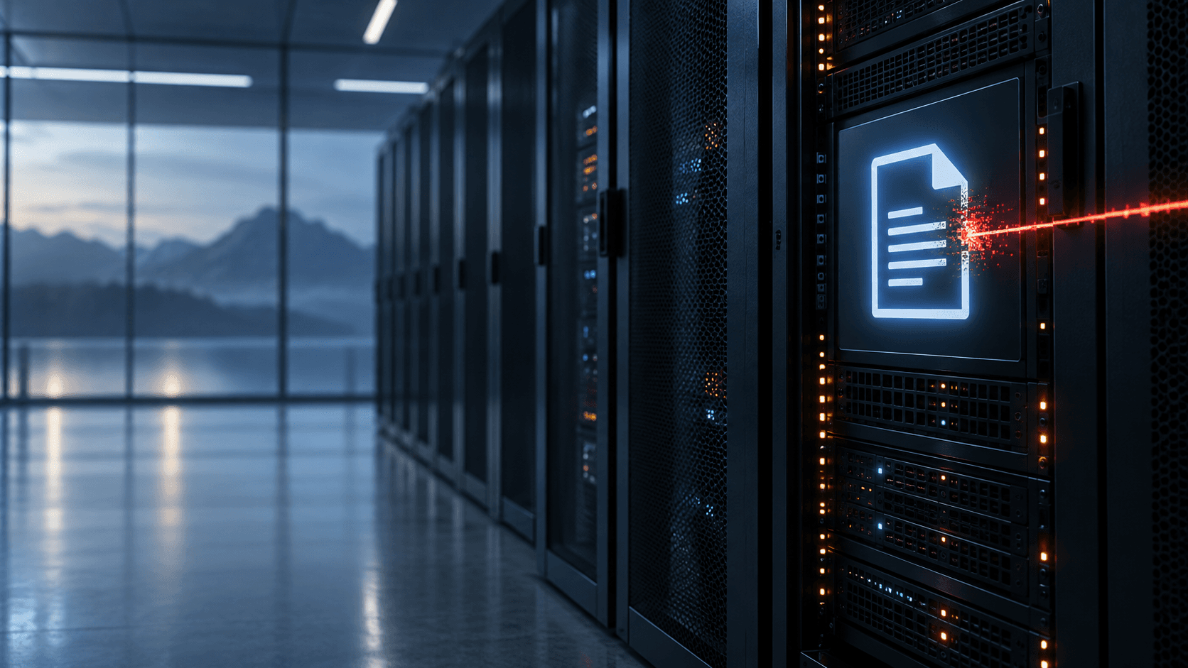 Conceptual server-room illustration with a document icon on a rack display and a red line reaching it