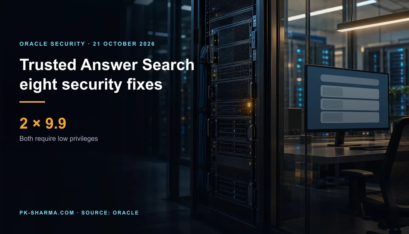 Editorial illustration of an unbranded database rack and a monitor with blank search result shapes. Text on the left says Trusted Answer Search, eight security fixes, and two 9.9 scores requiring low privileges.