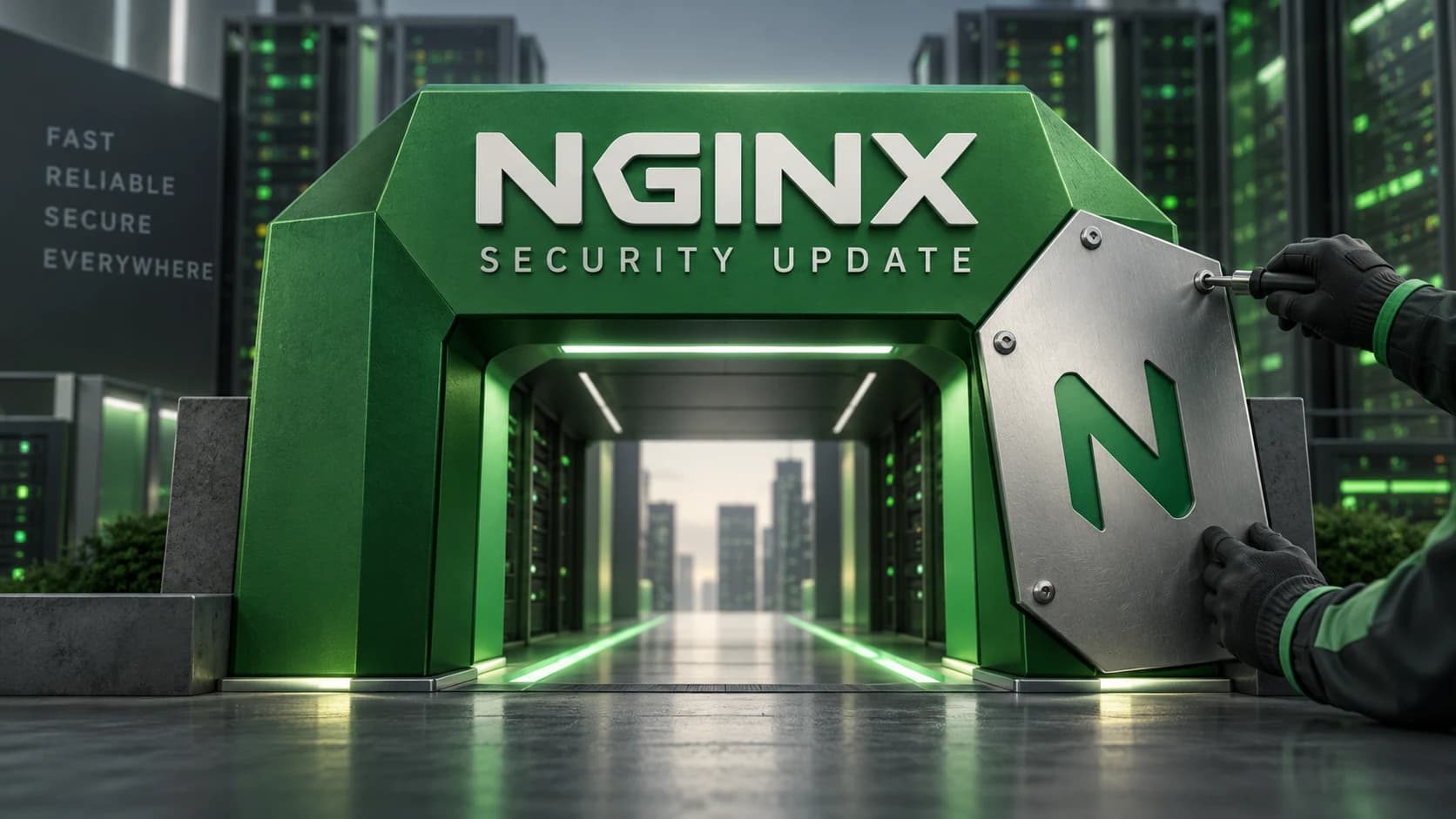 AI-generated editorial illustration of a green NGINX gateway in a server room with a metal protective panel being fitted.