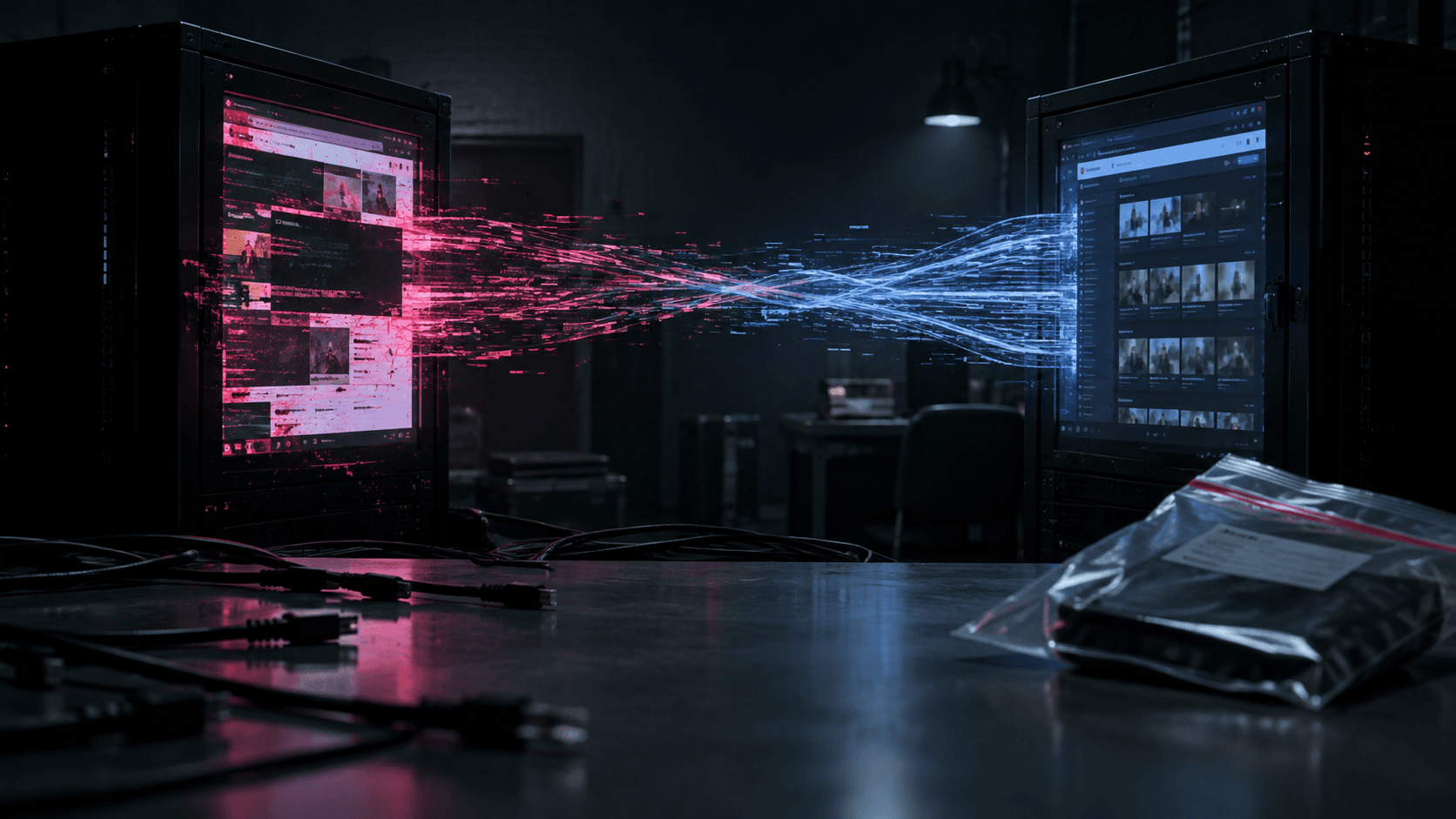 Two hostile server clusters exchange warning signals across a dark network as one leak portal is overtaken.
