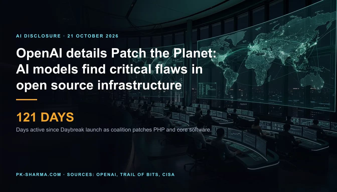 A futuristic cyber command center at night with large panoramic glowing digital world maps displaying network connectivity in cyan and green. The left half is shadowed with overlay text describing OpenAI's Patch the Planet program.