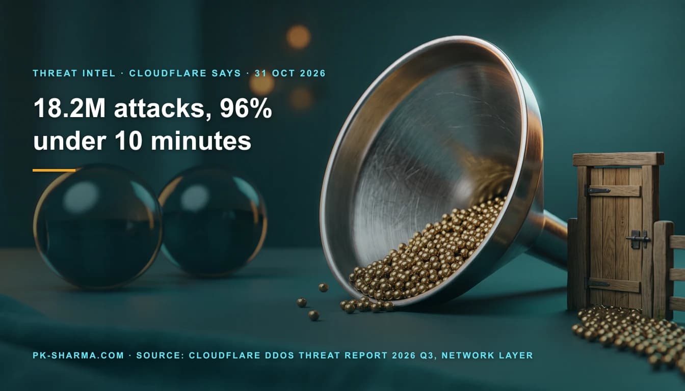 A tilted brushed steel funnel on a teal table pours a stream of several hundred tiny identical brass beads toward a small unmarked wooden gate at the right. Two large dark glass spheres rest still and untouched at the left, edged in amber light. On the left, drawn text reads 18.2M attacks, 96 percent under 10 minutes, with a source line naming Cloudflare.