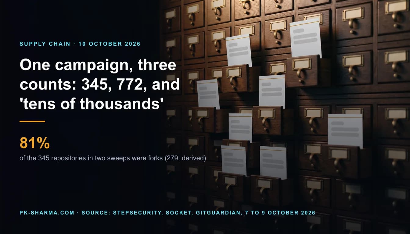 A dark wooden library card catalogue: rows of identical small drawers with brass pulls and blank label frames, about a dozen pulled slightly open, each with a thin blank white sheet standing up showing empty grey bars. Text on the left reads: One campaign, three counts: 345, 772, and 'tens of thousands'. 81% of the 345 repositories in two sweeps were forks (279, derived).