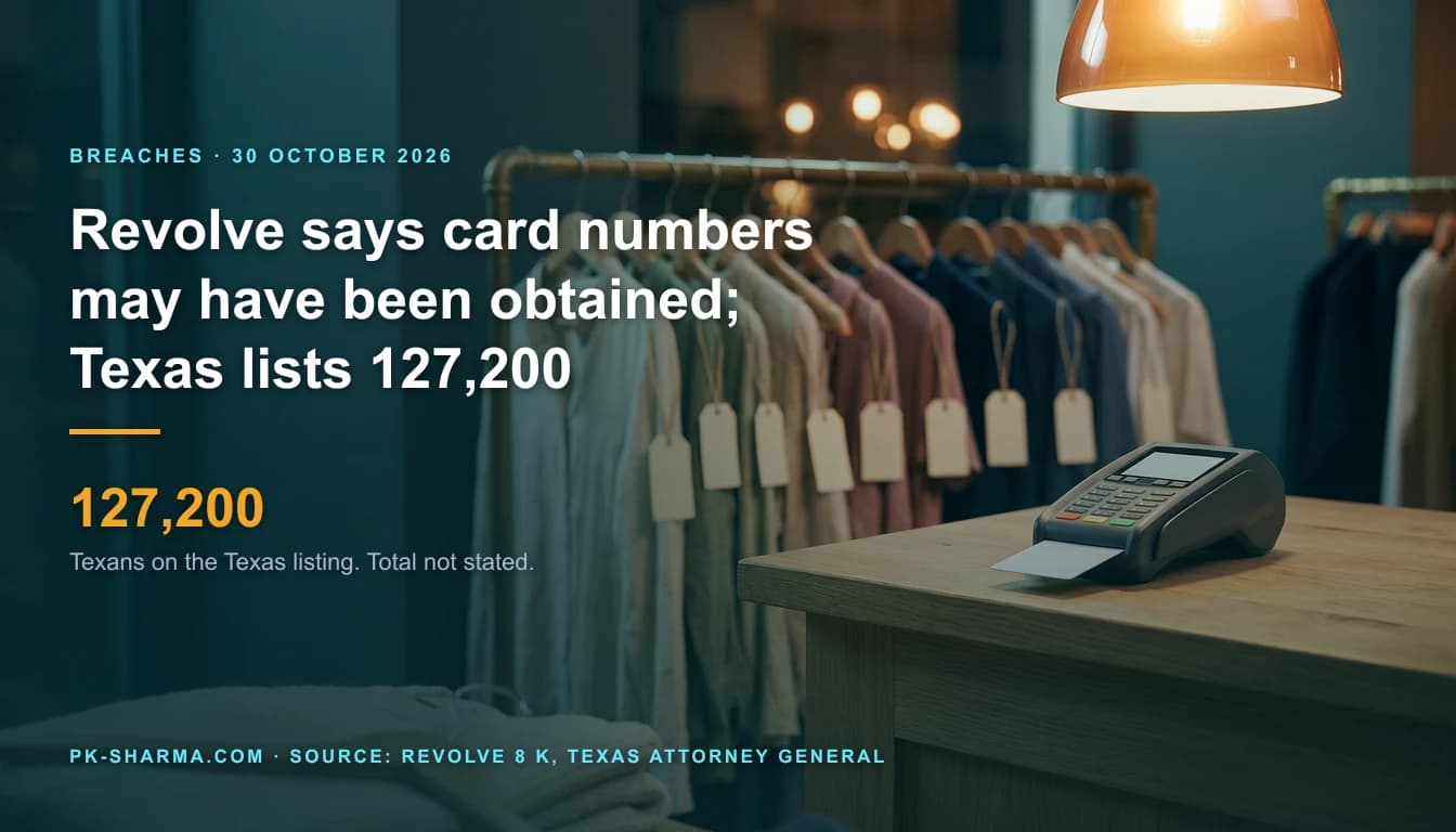 A quiet fashion boutique in teal and amber light with no people: a brass rail of plain linen shirts and dresses, each with a blank paper price tag, behind an oak counter where a dark card reader sits with a blank white card half inserted. On the left the headline reads: Revolve says card numbers may have been obtained; Texas lists 127,200. 127,200 Texans on the Texas listing, total not stated.