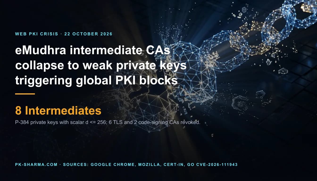 Conceptual visualization of global Web PKI digital certificate infrastructure and cryptographic trust chains fracturing with delicate glowing light.