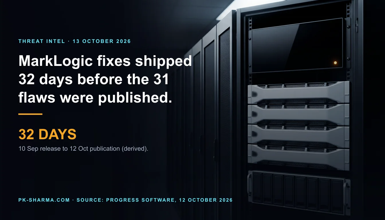 A dark data centre aisle. On the right, a black server rack holds four matching pale grey rack servers above a row of blank black drives, with a flat black status panel at the top, switched off and blank, and one small amber light at its corner. More racks recede into the dark. The left half is empty dark blue, with the headline and a stat drawn over it: 32 DAYS.