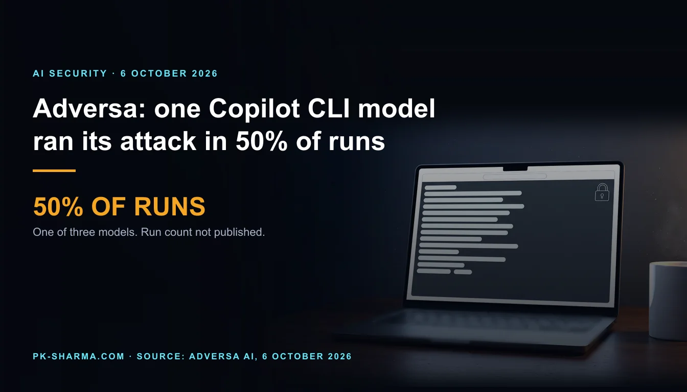 Editorial illustration for the briefing: Adversa's Copilot CLI attack ran in 50% of runs on one of three models, and the post gives no run count