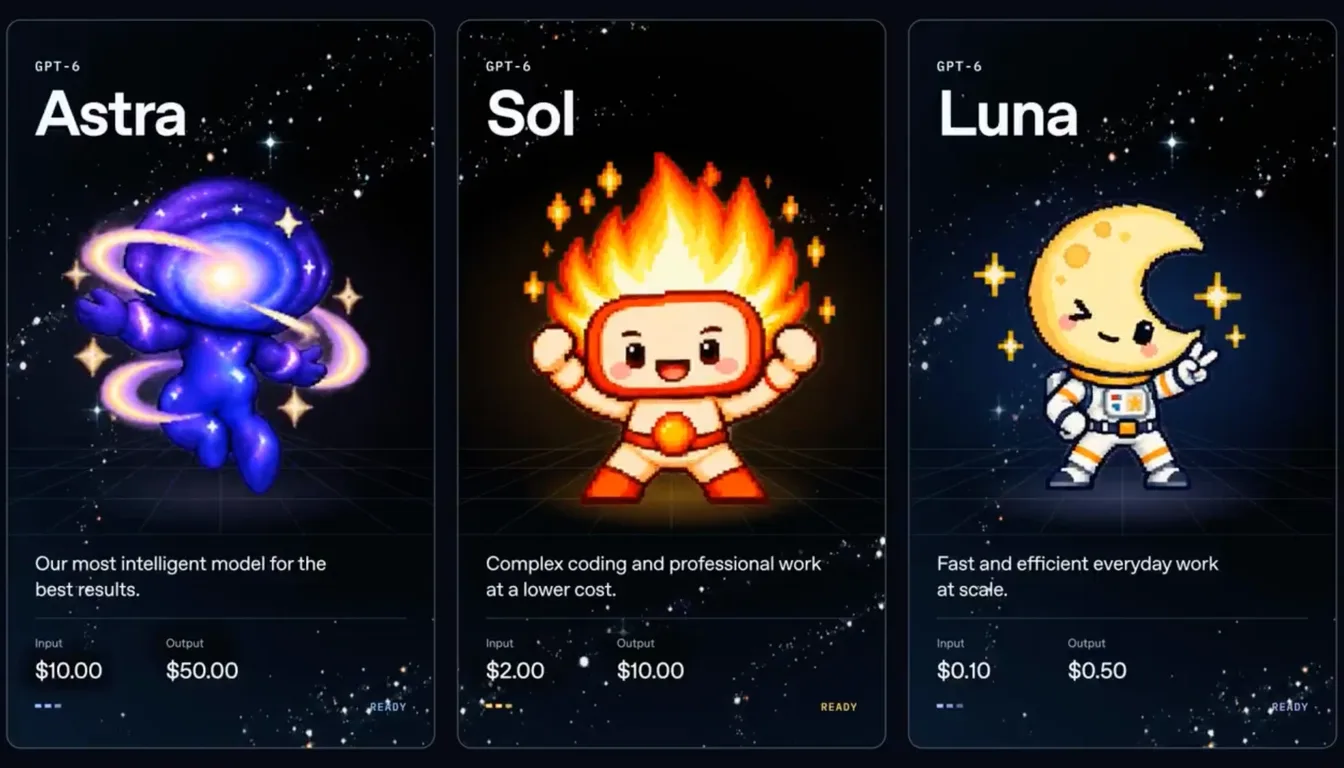 Editorial illustration for the briefing: OpenAI halves GPT-6 Sol and Luna prices. Five of its six charts compare against numbers it did not measure
