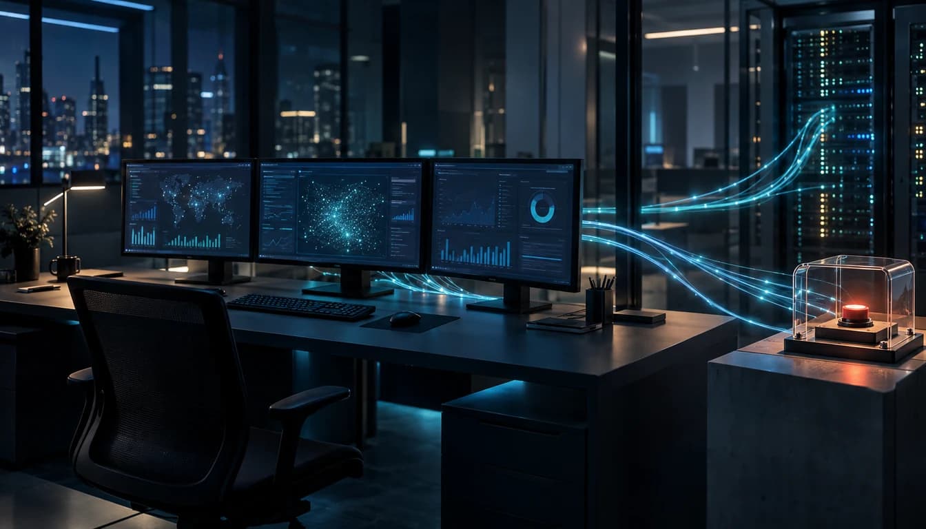 AI-generated editorial scene of an analytics desk connected to data infrastructure and a protected approval control.