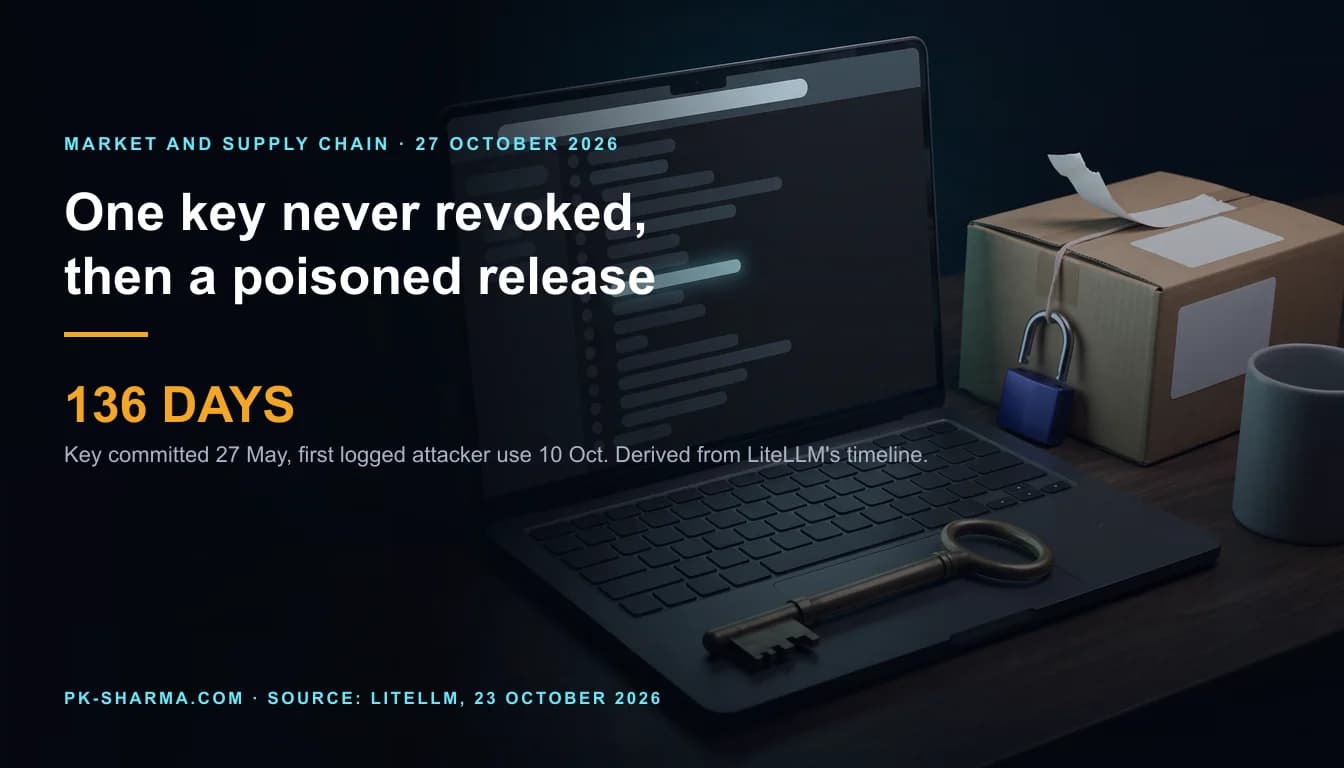 A dark desk at night. A laptop shows a code repository drawn as blank pills with one pill glowing cyan. A large brass key lies on the keyboard, and beside it a sealed cardboard parcel with a torn blank seal and an open indigo padlock hangs on its string. The left half is dark, with the headline and a stat drawn over it: 136 days.