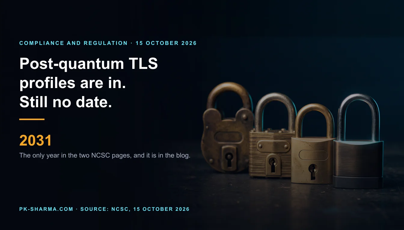 Four plain brass padlocks of different ages stand in a row on a dark bench, from an old tarnished lock to a slim modern one with a faint cyan glow at the shackle. Each has a blank oval plate and a keyhole. The left half is empty dark blue with the headline Post-quantum TLS profiles are in. Still no date. and the figure 2031.