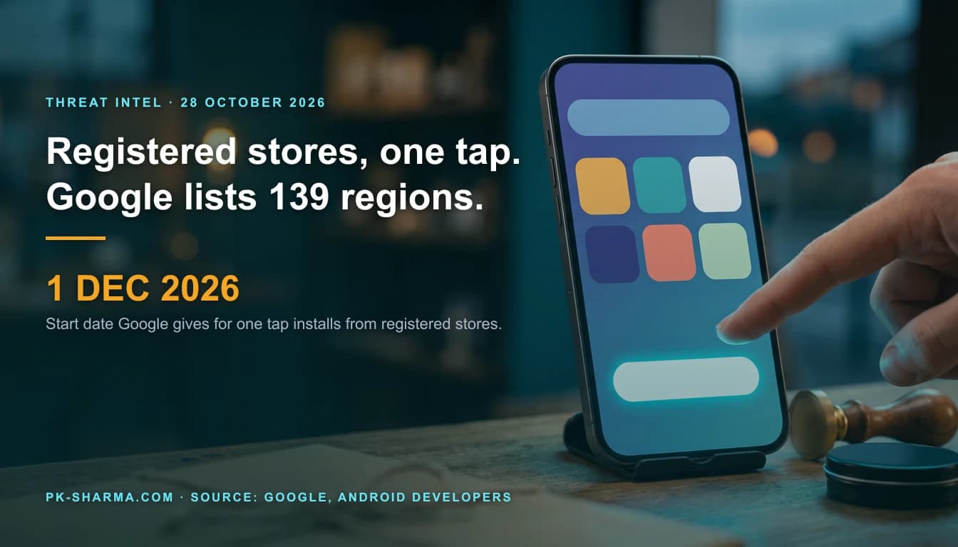 A large smartphone on a shop counter in teal and amber light, its screen showing a grid of six blank coloured tiles and one wide glowing blank button, with a fingertip about to touch the button and a brass rubber stamp and ink tin beside it. The left half is a calm blurred shop interior carrying the headline: Registered stores, one tap. Google lists 139 regions, and the date 1 December 2026.